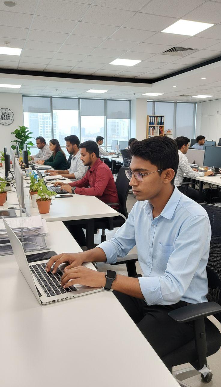 IT professional working at a laptop in an open office