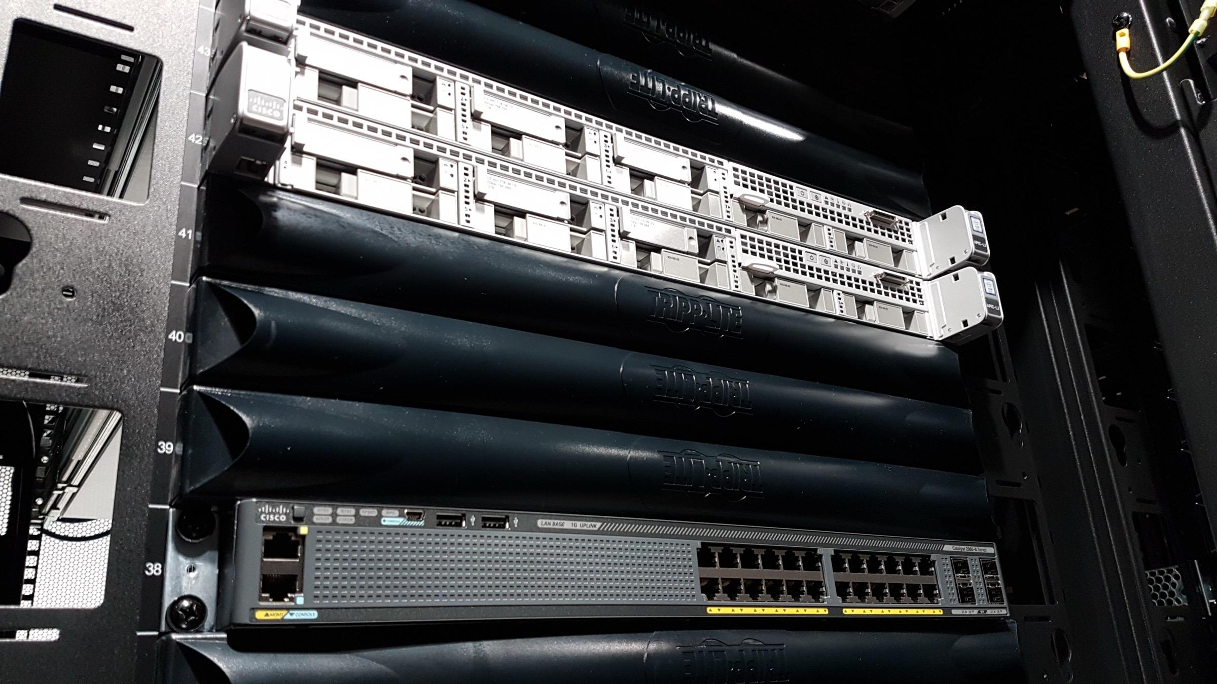 Close-up of networking and server rack equipment